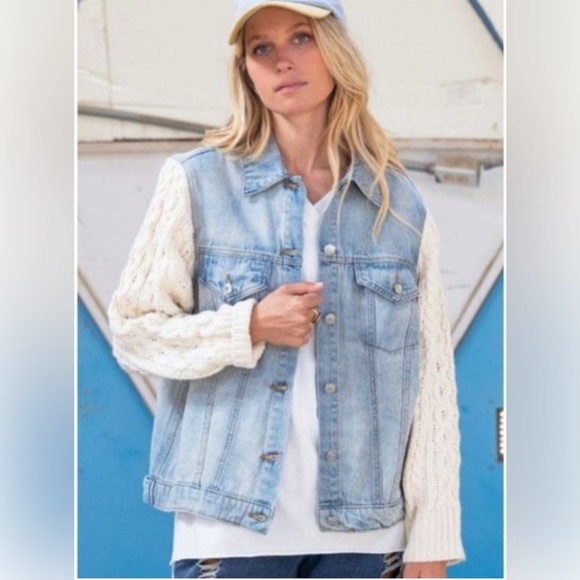 NEW POL Denim Jacket with Cream Sweater Cable Knit Sleeves - Picture 1 of 4